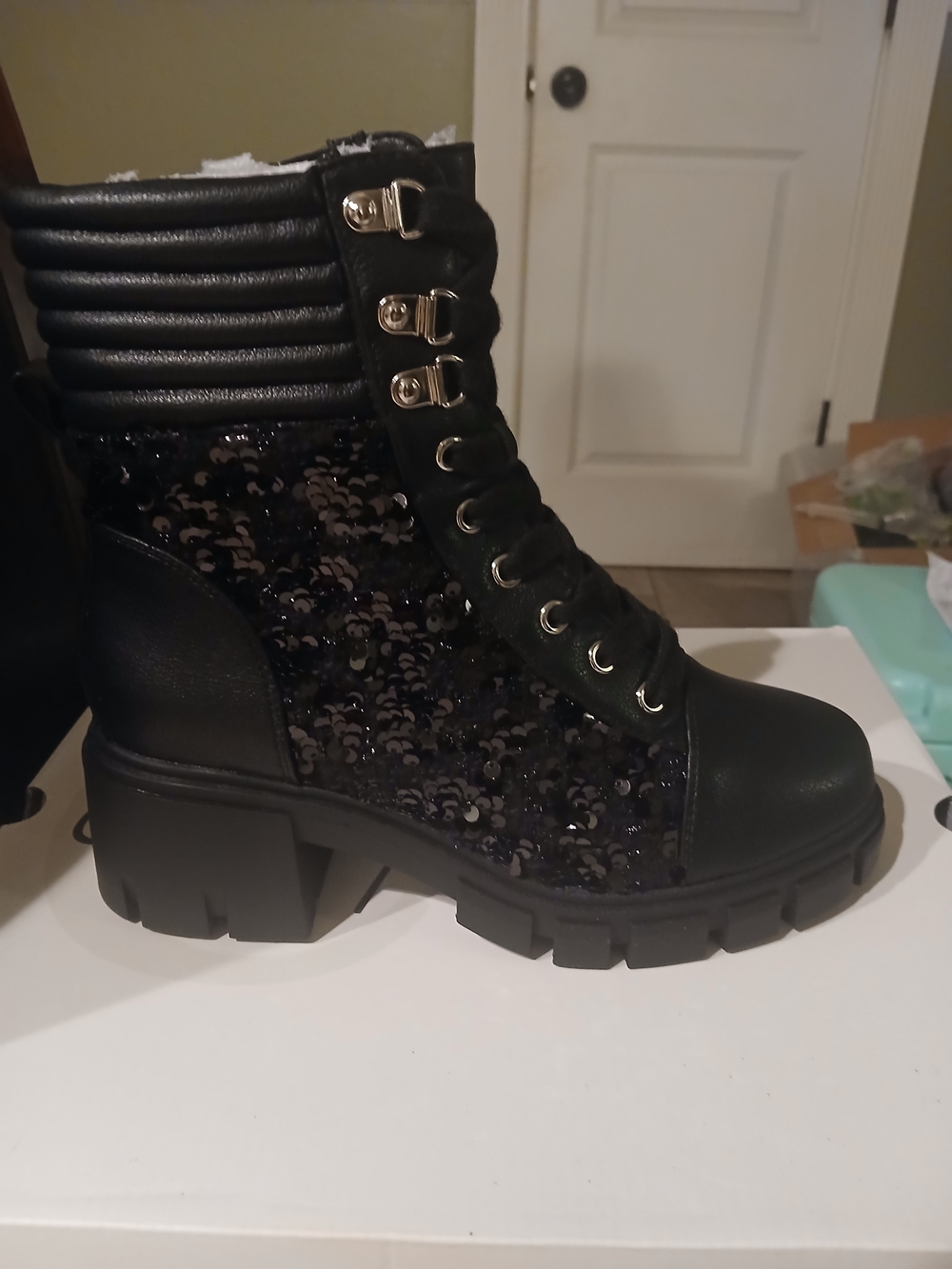 Black Sequin Lace-Up Combat Boots for Women